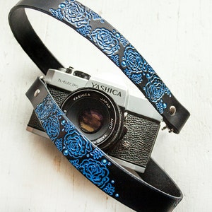 Custom Leather Camera Strap Blue Roses Personalized Floral Leather Handmade & Handpainted Camera Straps Made to Order by Mesa Dreams image 1