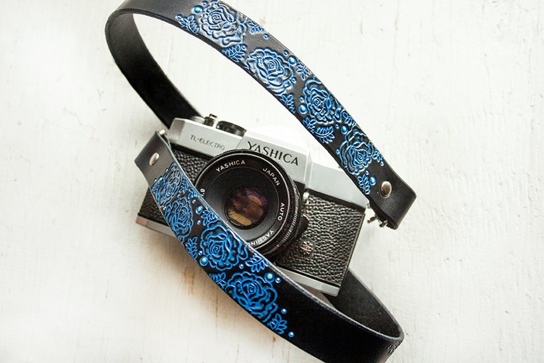 Custom Leather Camera Strap Blue Roses Personalized Floral Leather Handmade & Handpainted Camera Straps Made to Order by Mesa Dreams image 1