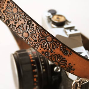 Custom Leather Camera Strap - Sunflowers- Personalized Unpainted Rustic Floral Leather - Handmade Camera Straps Made to Order by Mesa Dreams