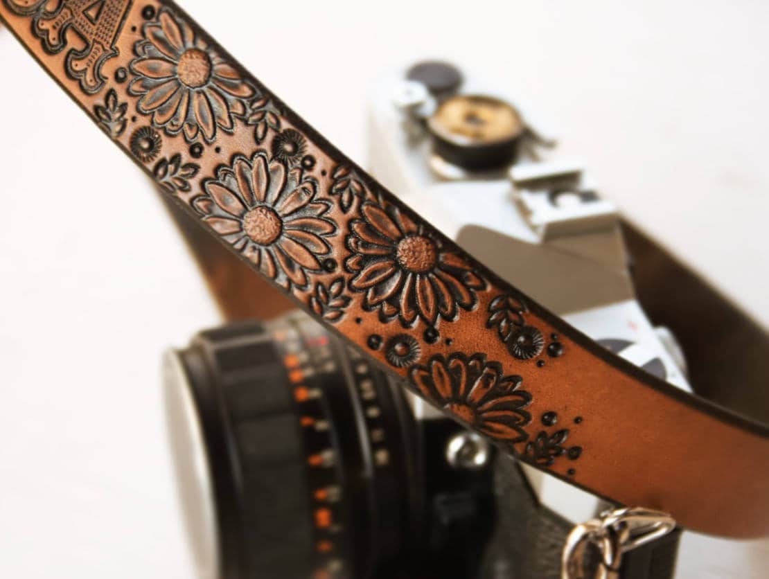 Custom Leather Camera Strap: Handmade Rustic Sunflower Floral