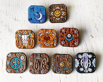 Pinback Brooch or Magnet - Handmade Tooled Leather Designs - Pick your favorite - painted southwestern, peace sign, smiley face, floral