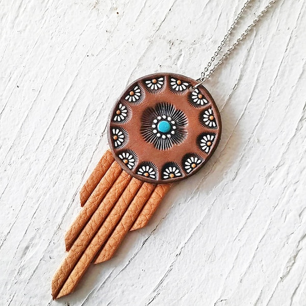 SALE - Daisy Mandala Fringe Leather Necklace - Handmade Pendant - Southwestern Vintage Style - Turquoise hand painted - Ready to Ship
