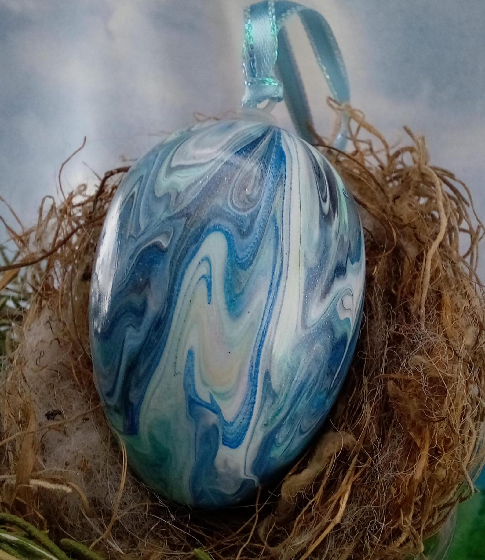 Silver & Blue Marble Inspired Easter Egg Ornamental Egg Fluid Art 158E ...