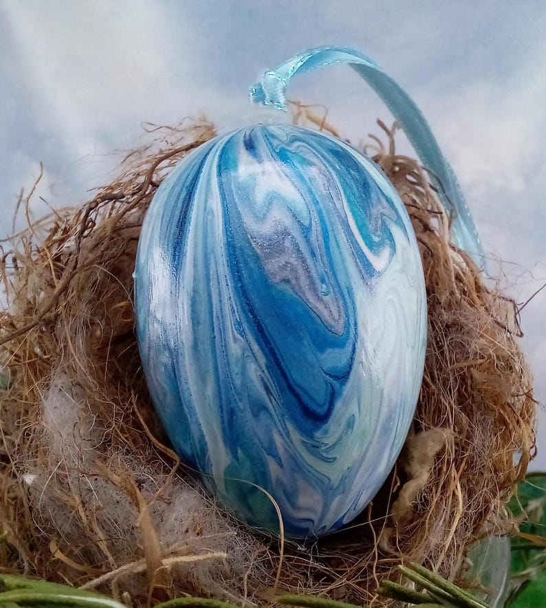 Silver & Blue Marble Inspired Easter Egg Ornamental Egg Fluid Art 158E ...