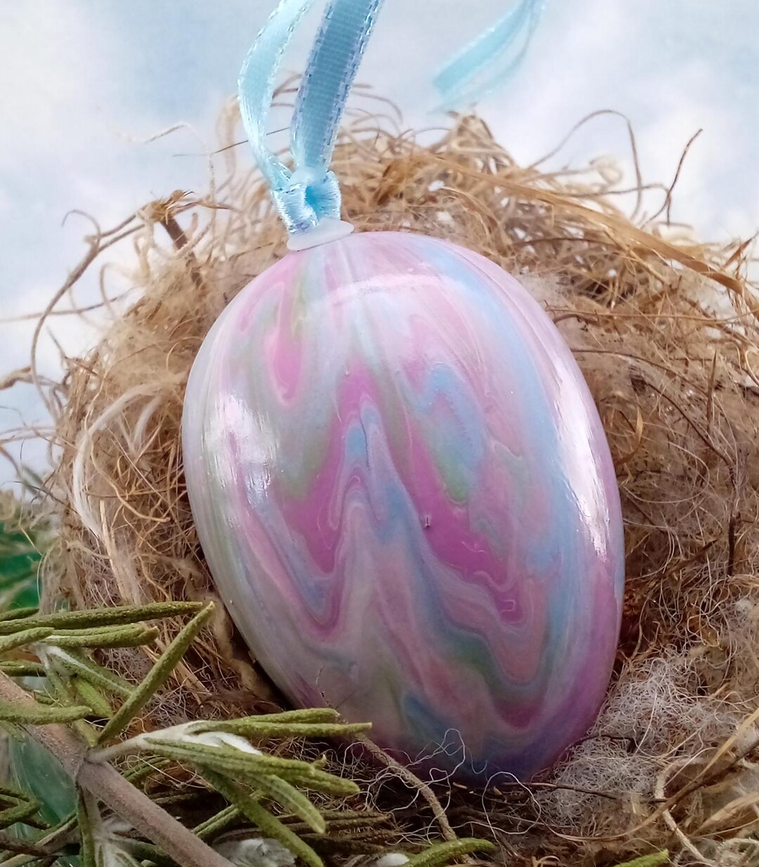 Mauve & Blue Easter Egg With Swirls of Green Ornamental Egg Fluid Art ...