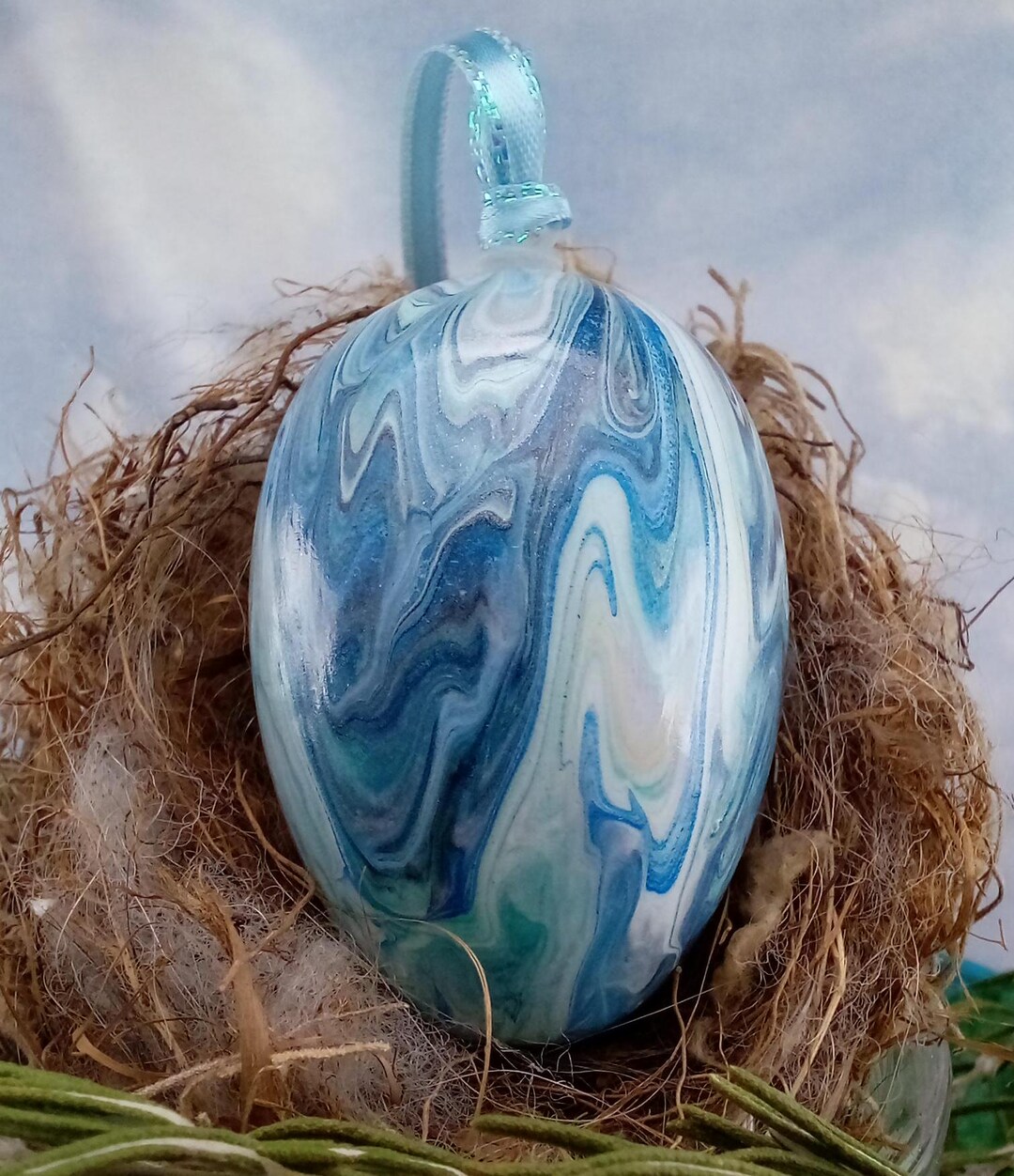 Silver & Blue Marble Inspired Easter Egg Ornamental Egg Fluid Art 158E ...