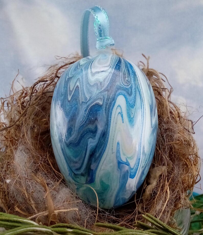 Silver & Blue Marble Inspired Easter Egg Ornamental Egg Fluid Art 158E ...