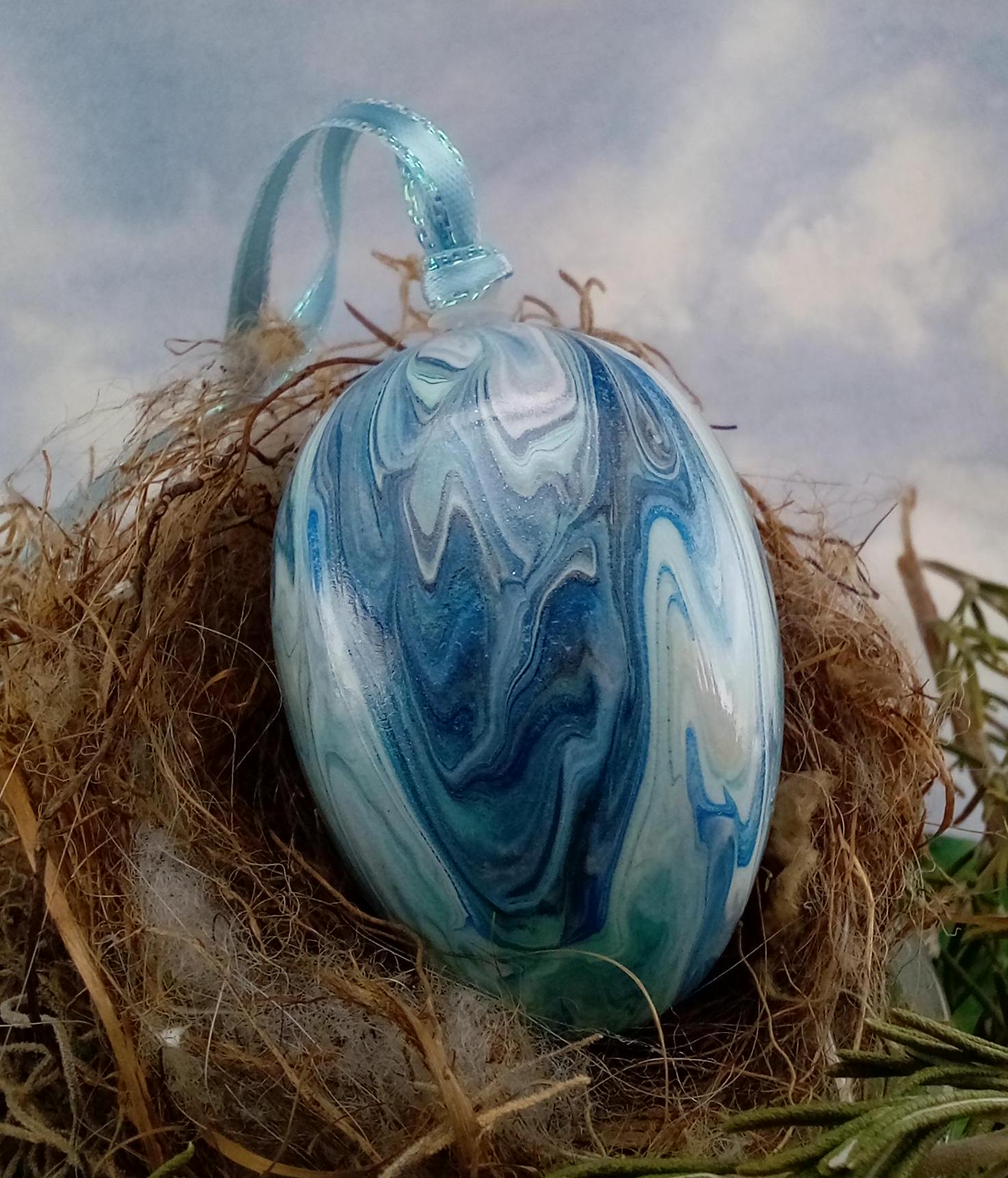 Silver & Blue Marble Inspired Easter Egg Ornamental Egg Fluid Art 158E ...