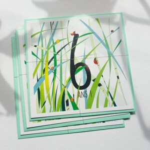 Carte d'anniversaire 6 ans joyeuse et colorée pour enfant - thèmes sur les coccinelles et la nature. Vendu avec une enveloppe assortie.