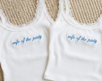 Custom Embroidered Name Ribbed Lace Trim Tank Top, Personalized Mrs Tank Shirt, Bridal Shower Bachelorette Party Gift