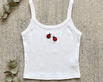 Camiseta sin mangas acanalada con mariquita bordada, camisola estilo cottagecore coqueta, camisola corta delicada estilo Y2K