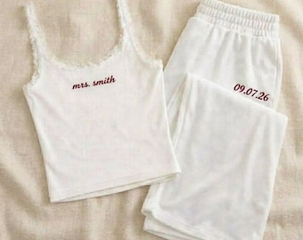Custom Embroidered Lace Bride Crop Tank and Wide Leg Sweatpants Set, Bachelorette Party Gift, Bridal Lounge Wear