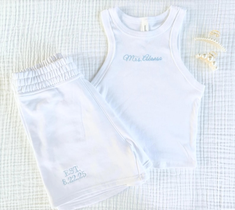 Embroidered Mrs. Pajama Set, Embroidered Tank and Joggers, Bride Lounge Set, Bridal Shower Gift, Wedding PJs, Engagement Gift for Her