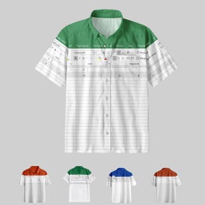 Könnte beinhalten: Kurzärmeliges Button-Down-Hemd mit grünem Kragen und Excel-Tabellen-Design. Das Hemd hat einen weißen Körper mit einem Rastermuster und Excel-Toolbar-Grafiken. Zusätzliche Hemden mit roten, grünen und blauen Kragen sind unten abgebildet.