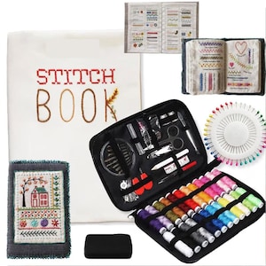 May include: A collection of sewing supplies, including a "STITCH BOOK" with embroidered text, a black zippered case with tools, a pin cushion, and a variety of colorful thread spools. There are also two stitch sample books.