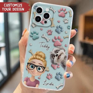 Lovely Dog And Human Cartoon, Personalized Custom Phone Case, Custom Pet Phone Case Using Pet Name Custom Dog Phone Case