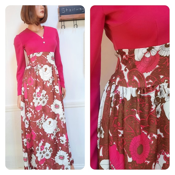 1970s floral maxi dress / vintage hot pink hostess
