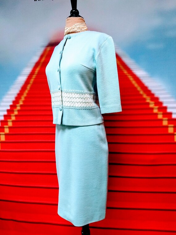 1950s Gina MTA blue Italian knit wool skirt suit