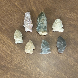 Puede incluir: Colección de siete puntas de flecha antiguas de varias formas y tamaños. Las puntas de flecha están hechas de piedra y muestran una gama de colores, incluyendo gris, beige y rosa claro. Están dispuestas sobre una superficie de madera.