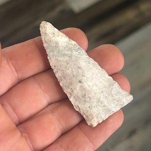 May include: A light-colored, triangular arrowhead with a sharp point. The arrowhead is made of stone and has a speckled texture. The arrowhead is held in a person's hand.