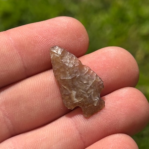 May include: A small, brown arrowhead with a notched base, held in a hand. The arrowhead has a rough, textured surface and a triangular shape, with a point at the top. The background is blurred green.