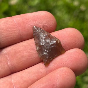 May include: A small, brown arrowhead with a triangular shape. The arrowhead has a textured surface and is held in an open hand against a blurred green background. The arrowhead is a historical artifact.