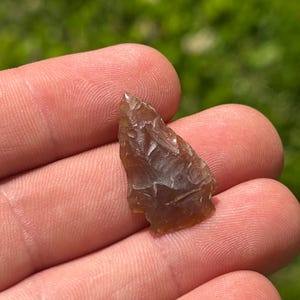 May include: A small, brown arrowhead with a textured surface. The arrowhead is held in a person's hand, with a blurred green background.