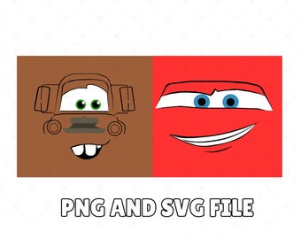 Pacchetto di clipart di facce di automobili in formato SVG, clipart di facce di automobili in formato PNG, clipart di cartoni animati di design per magliette di automobili, clipart di Saetta McQueen e Mater, file digitale