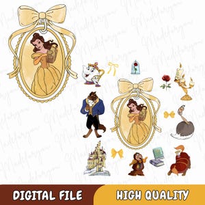 Pode incluir: Uma coleção de ilustrações digitais com personagens e elementos de um conto de fadas. Inclui retratos de uma mulher com um vestido amarelo, um castelo e outros personagens. O texto "DIGITAL FILE" e "HIGH QUALITY" está na parte inferior.
