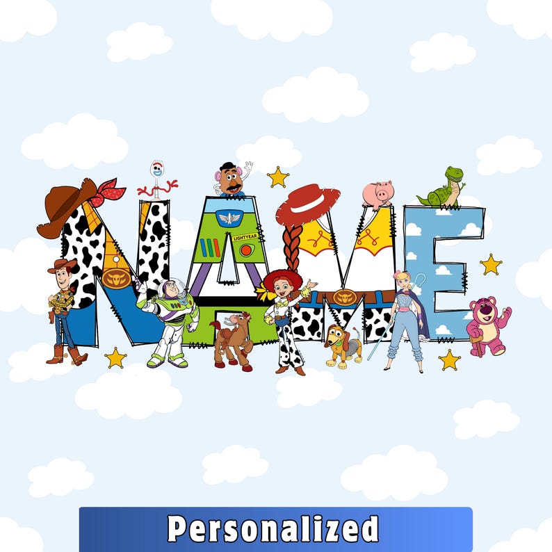 May include: A colorful graphic design spelling "NAME" with characters from the Toy Story movie. The letters are decorated with images of Woody, Buzz Lightyear, Jessie, and other characters. The background is a light blue sky with white clouds.