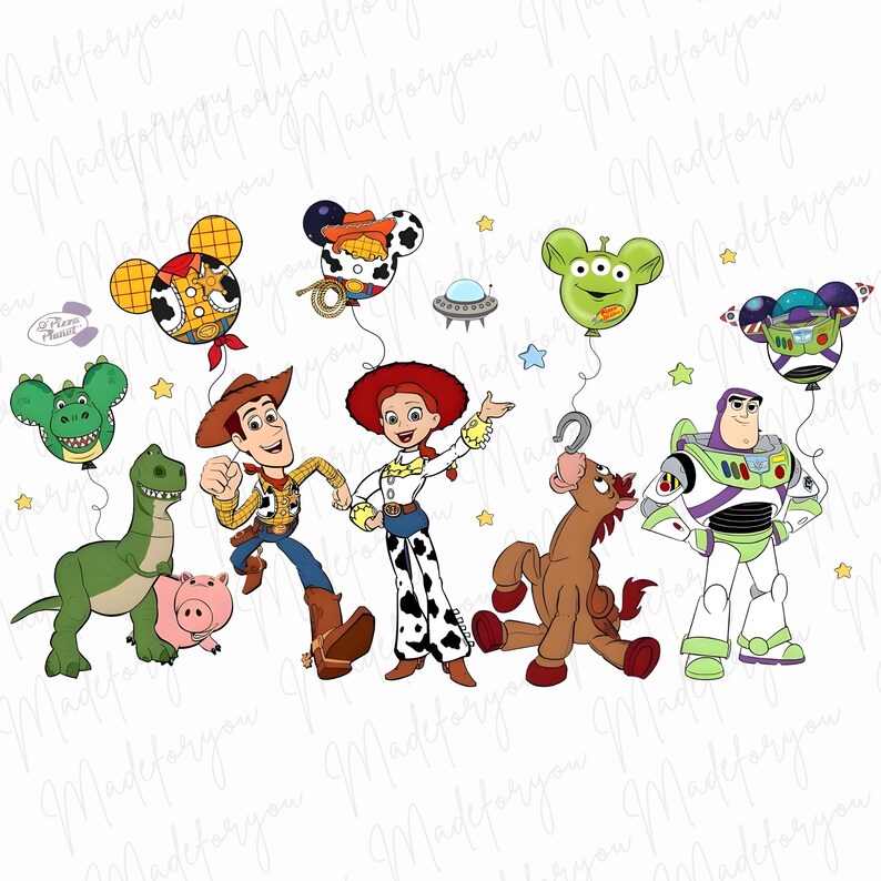 May include: A digital illustration featuring characters from the Toy Story franchise. The image includes Woody, Jessie, Buzz Lightyear, Rex, Hamm, Bullseye, and the Little Green Men. Balloons shaped like Mickey Mouse and a UFO are also present.