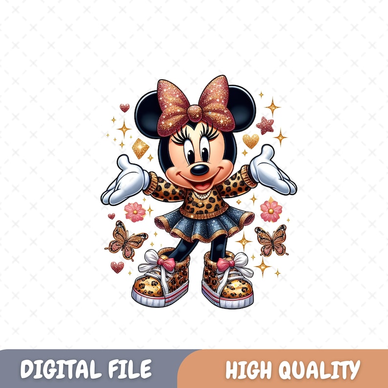 May include: A cartoon illustration of Minnie Mouse wearing a leopard print sweater, a blue skirt, and red and gold glitter shoes. She is surrounded by pink flowers, butterflies, and gold glitter stars.