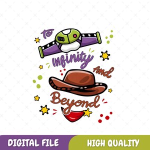 Könnte beinhalten: Digitalgrafik mit einem braunen Cowboyhut, einem grün-violetten Handgelenk-Kommunikator und dem Satz "To Infinity and Beyond". Das Design umfasst gelbe Sterne und rote Akzente.