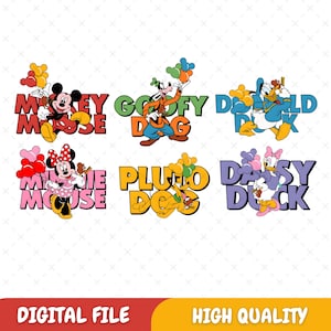 May include: Six colorful cartoon character designs featuring Mickey Mouse, Minnie Mouse, Goofy, Pluto, Donald Duck, and Daisy Duck. Each character is holding balloons and has their name spelled out in a playful font.