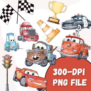 May include: Watercolor illustrations of cartoon cars, including a red race car, a blue tow truck, and a red fire truck. Other elements include a trophy, checkered flags, a traffic cone, and a traffic light. The text "300-DPI PNG FILE" is also included.