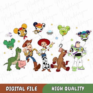 May include: Digital file featuring illustrations of Toy Story characters, including Woody, Jessie, Buzz Lightyear, and others. The image includes balloons shaped like Mickey Mouse heads and the text "HIGH QUALITY".