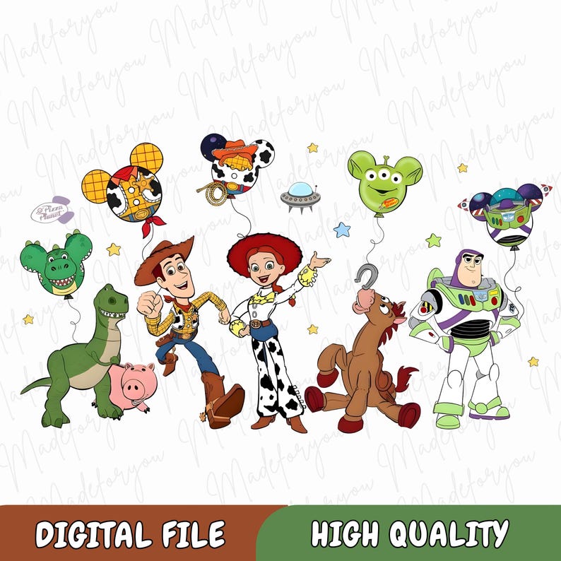 May include: Digital file featuring illustrations of Toy Story characters, including Woody, Jessie, Buzz Lightyear, and others. The image includes balloons shaped like Mickey Mouse heads and the text "HIGH QUALITY".