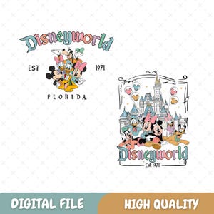 May include: A digital illustration of Mickey Mouse and his friends in front of Cinderella's Castle with the text "Disneyworld Est. 1971" and "Florida" in a pastel colour scheme.