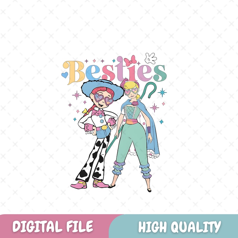 Puede incluir: Una ilustraci&oacute;n digital de dos personajes de dibujos animados, uno con cabello rojo y un sombrero de vaquero y el otro con cabello rubio y una capa azul, de pie juntos. El texto "Besties" est&aacute; escrito en colores arco&iacute;ris sobre ellos.