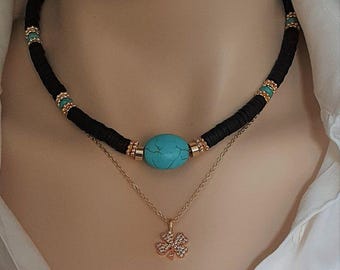 Black Heishi Bead Necklace | Turquoise Stone Boho Surfer Choker