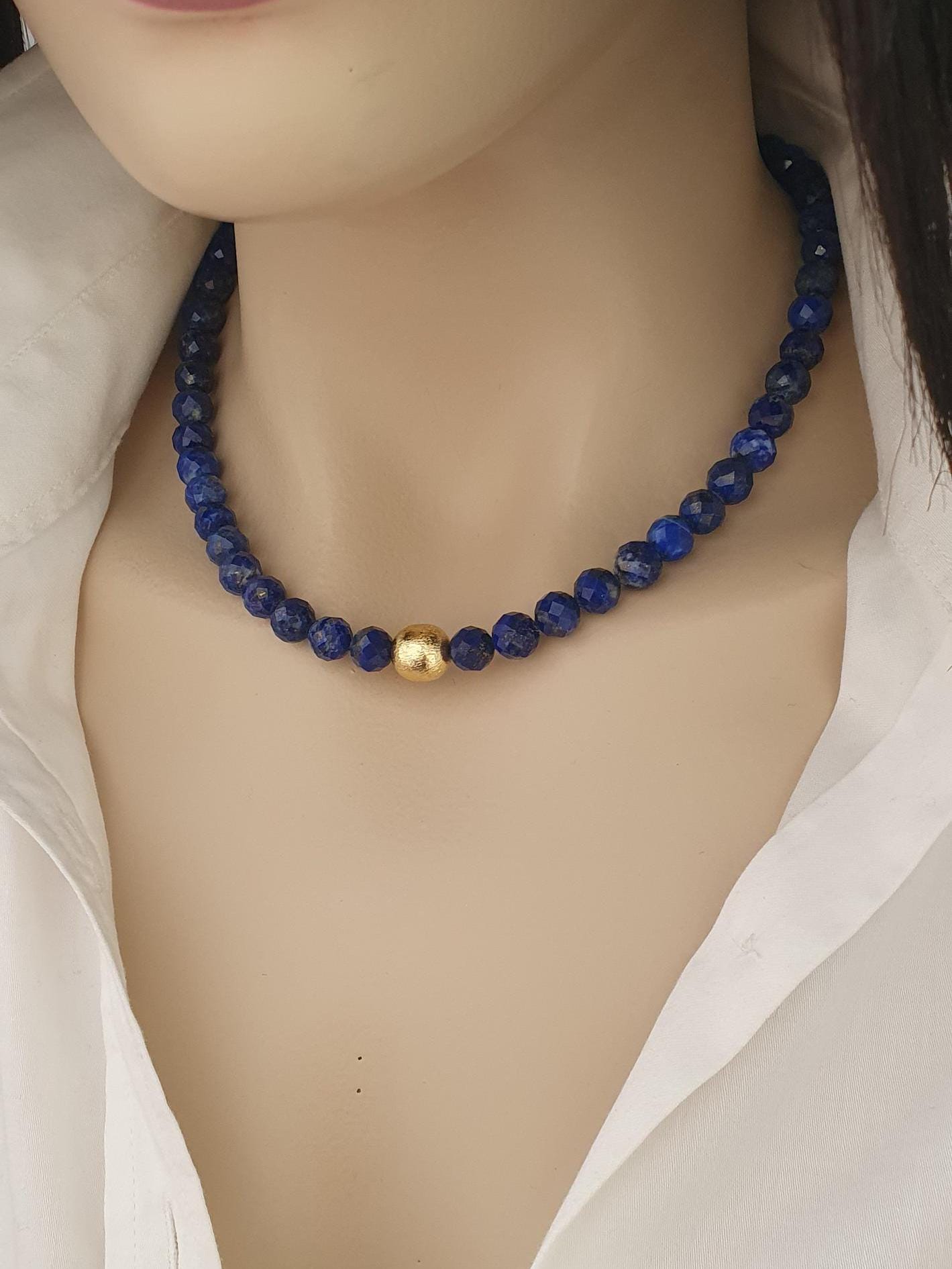 Collier Ras De Cou En Lapis Lazuli - Perles Naturelles Facettées - Marque Désirs Essentiels Paris