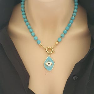 Turquoise Necklace with Blue Eye Charm - Handmade Spiritual Jewelry, Evil Eye Protection, Boho Gift for Women & Teens