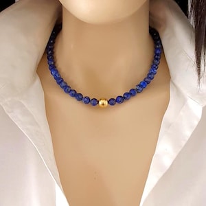 Lapis Lazuli Necklace, Genuine Faceted Choker with Gold Accents, Elegant 8mm Beads for Everyday Luxury & Special Occasions