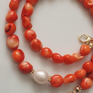 Handmade Orange Coral Necklace | Tumbled Beads with Pearl Center | Gold Plated Chain | Natural Stone Jewelry Gift