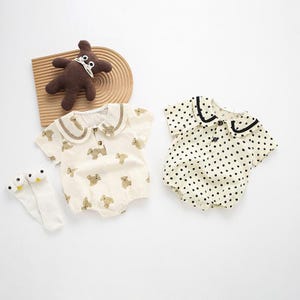 Teddy Bear Baby Romper – Beige Short Sleeve Infant Outfit with Collar | Cute Summer Baby Girl or Boy Clothes