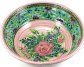 Pink Porcelain Serving Bowl - Large Ceramic Serving Dish with Flower and Pink Rose Design - OOAK