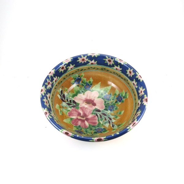 Yellow Ceramic Serving Bowl - Porcelain Dish for Fruit, Salads or Cereal -  Pink Flowers and Blue Trim