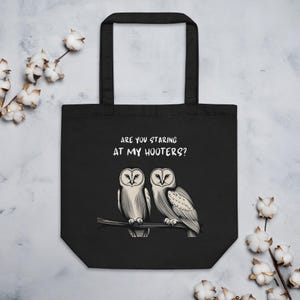 Bolsa de mano ecológica con el divertido búho "¿Estás mirando mis Hooters?", bolsa de mano, bolsa de mano para el día de la oferta de hermandad, regalo para la pequeña gran familia, regalo para enamorados.