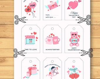 May include: Printable Valentine's Day gift tags with various designs, including hearts, a teddy bear, a cake, strawberries, and a cupid. The tags are white with black outlines and pink and red accents. The text on the tags includes "Happy Valentine's Day", "Be Mine", "Time to Love", "Always Together", "For You", "Love You", and "I Love You".