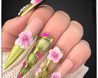 Luxury 3D Press On Nails - Green & Gold Floral Stiletto Nail Art